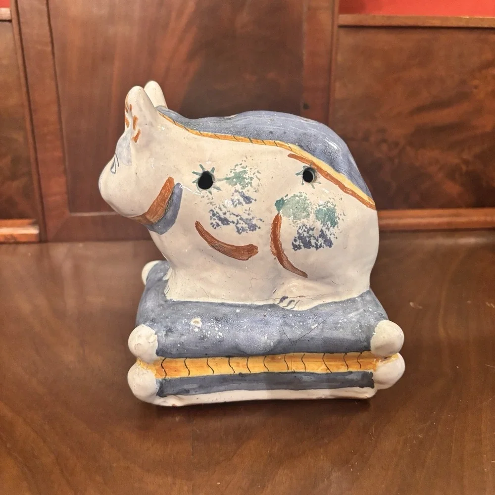 Vintage Portugal Pottery Cat Flower Frog Bud Vase Primitive Folk Art Signed 5